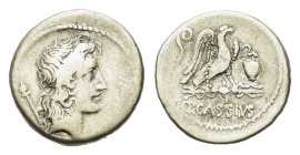 Q. Cassius Longinus, Rome, 55 BC. AR Denarius (18mm, 3.80g). Head of Bonus Eventus (or Genius Populi Romani?) r.; sceptre behind. R/ Eagle standing r....