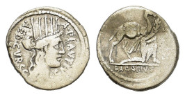 A. Plautius. 55 B.C. AR Denarius (1.75mm, 3.50g). Rome. Obv/ Turreted head of Cybele r. R/ Bacchius Judaeus (Aristobulus II, High Priest and King of J...