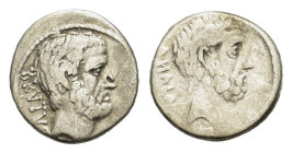 Q. Servilius Caepio (M. Junius) Brutus, Rome, 54 BC. AR Denarius (17mm, 3.80g). Bare head of L. Junius Brutus r. R/ Bare head of C. Servilius Ahala r....