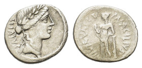 Roman Imperatorial, Man. Acilius Glabrio, Rome, 49 BC. AR Denarius (19mm, 3.60g). Laureate head of Salus r. R/ Salus standing l. against column, holdi...