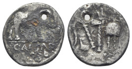 Julius Caesar, military mint traveling with Caesar, April-August 49 BC. Plated Denarius (18mm, 2.88g, 12h). Elephant advancing r., trampling on horned...