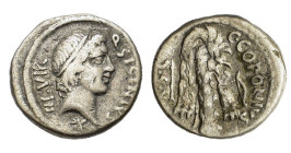 Q. Sicinius and C. Coponius, military mint in the East, moving with Pompey; C. Coponius, praetor, 49 BC. AR Denarius (18mm, 3.60g). Diademed head of A...