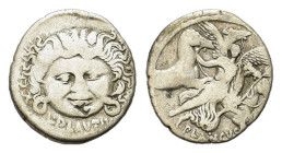 Roman Imperatorial, L. Plautius Plancus, Rome, 47 BC. AR Denarius (18mm, 3.50g). Facing head of Medusa with disheveled hair; serpents on either side. ...