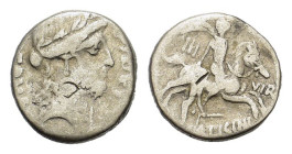 A. Licinius Nerva, Rome, c. 47 BC, AR Denarius (15mm, 3.60g). Laureate head of Fides r. R/ Horseman galloping r., dragging naked warrior, holding shie...