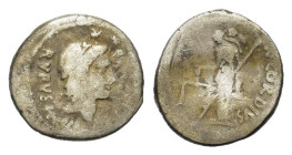 Roman Imperatorial, Mn. Cordius Rufus, Rome, 46 BC. AR Denarius (19.5mm, 3.80g). Conjoined heads of the Dioscuri r., wearing pilei with fillet surmoun...