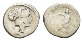 Roman Imperatorial, T. Carisius, Rome, 46 BC. AR Denarius (17mm, 3.60g). Head of Sibyl Herophile r., hair elaborately decorated with jewels and enclos...