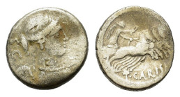 Roman Imperatorial, T. Carisius, Rome, 46 BC. AR Denarius (18mm, 3.80g). Draped and winged bust of Victory r. R/ Victory driving quadriga r. Crawford ...