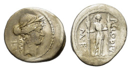Roman Imperatorial, P. Clodius M.f. Turrinus, Rome, 42 BC. AR Denarius (20mm, 3.80g). Laureate head of Apollo r.; lyre behind. R/ Diana Lucifera stand...