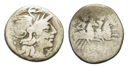 Uncertain series, Roman Republican AR Denarius (18mm, 3.50g). Helmeted head of Roma r. R/ Dioscuri on horseback r. Fair