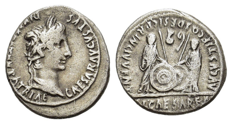 Augustus (27 BC-AD 14). AR Denarius (18.5mm, 3.70g). Lugdunum, 2 BC-AD 4. Laurea...