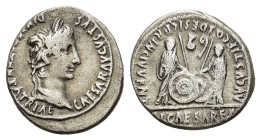 Augustus (27 BC-AD 14). AR Denarius (18.5mm, 3.70g). Lugdunum, 2 BC-AD 4. Laureate head r. R/ Caius and Lucius Caesars standing facing, holding shield...