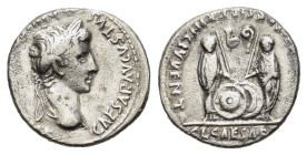 Augustus (27 BC-AD 14). AR Denarius (19mm, 3.60g). Lugdunum, 2 BC-AD 4. Laureate head r. R/ Caius and Lucius Caesars standing facing, holding shields ...