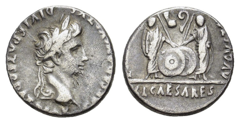 Augustus (27 BC-AD 14). AR Denarius (17mm, 3.50g). Lugdunum, 2 BC-AD 4. Laureate...