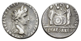 Augustus (27 BC-AD 14). AR Denarius (17mm, 3.50g). Lugdunum, 2 BC-AD 4. Laureate head r. R/ Caius and Lucius Caesars standing facing, holding shields ...