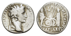 Augustus (27 BC-AD 14). AR Denarius (17mm, 3.20g). Lugdunum, 2 BC-AD 4. Laureate head r. R/ Caius and Lucius Caesars standing facing, holding shields ...