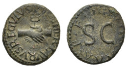 Augustus (27 BC-AD 14). Æ Quadrans (16mm, 3.20g). Rome. Pulcher, Taurus, and Regulus, moneyers, 8 BC. Clasped hands holding caduceus. R/ Legend around...