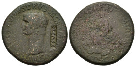 Nero Claudius Drusus (died 9 BC). Æ Sestertius (35mm, 27.50g). Rome, 42-3. Bare head l.; c/m: N CAPR within rectangular incuse. R/ Claudius seated l. ...