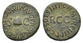 Gaius (Caligula, 37-41). Æ Quadrans (18mm, 3.60g). Rome, AD 39. Pileus between S-C. R/ Large RCC. RIC I 39. Green patina, about VF