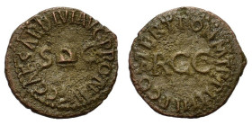 Gaius (Caligula, 37-41). Æ Quadrans (18mm, 2.40g). Rome, 40-1. Pileus between S-C. R/ Large RCC. RIC I 52. Roughness, near VF
