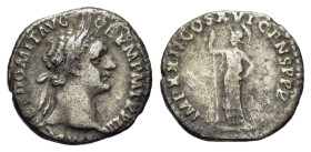 Domitian (81-96). AR Denarius (18mm, 3.00g). Rome, 93-4. Laureate head r. R/ Minerva standing l. RIC II 764; RSC 282. Good Fine