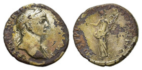 Trajan (98-117). AR Denarius (18mm, 2.90g). Rome, 107-111. Laureate bust r., slight drapery on l. shoulder. R/ Victory standing facing, head l., holdi...