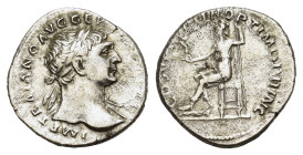 Trajan (98-117). AR Denarius (19mm, 3.15g). Rome, 108-9. Laureate bust r., slight drapery. R/ Roma seated l., holding Victory and spear. RIC II 116; R...