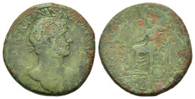 Hadrian (117-138). Æ Sestertius (33mm, 26.00g). Rome, 119-120. Laureate, heroic bust r., with slight drapery on far shoulder. R/ Jupiter seated l. on ...