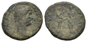 Hadrian (117-138). Æ As (22mm, 6.90g). Rome, AD 134. Bare head r. R/ Roma standing r., holding spear and clasping hand with Hadrian standing l., holdi...