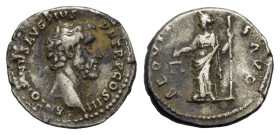 Antoninus Pius (138-161). AR Denarius (19mm, 2.90g). Rome, c. 141-3. Bare head r. R/ Aequitas standing l., holding scales and pertica. RIC III 61; RSC...