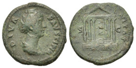Diva Faustina Senior (died AD 140/1). Æ As (27.5mm, 11.40g). Rome, 146-161. Draped bust r. R/ Hexastyle temple. RIC III 1168 (Pius). Green patina, Goo...