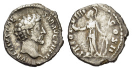 Marcus Aurelius (Caesar, 139-161). AR Denarius (17mm, 3.40g). Rome, 154-5. Bare head r. R/ Minerva standing l., holding owl and shield set on ground t...