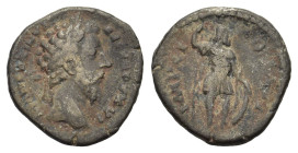 Marcus Aurelius (161-180). AR Denarius (18mm, 2.90g). Rome, AD 172. Laureate head r. R/ Mars standing r., holding spear and shield set on ground. RIC ...