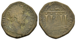 Marcus Aurelius (161-180). Æ Sestertius (31mm, 26.20g). Rome, AD 173. Laureate head r. R/ Mercury standing l. on pedestal, holding caduceus and purse,...