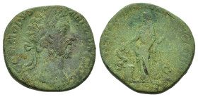 Commodus (177-192). Æ Sestertius (30mm, 22.30g). Rome, 181-2. Laureate head r. R/ Salus standing l., feeding serpent raising from altar, and holding s...