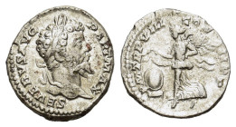 Septimius Severus (193-211). AR Denarius (18mm, 3.20g). Rome, 200-1. Laureate head r. R/ Victory flying l., holding open wreath; shield on base to l. ...