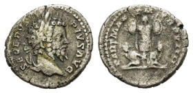 Septimius Severus (193-211). AR Denarius (18.5mm, 2.70g). Rome, AD 201. Laureate head r. R/ Trophy of arms; captive seated to l. and r., hands in fron...