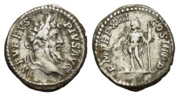 Septimius Severus (193-211). AR Denarius (18mm, 2.80g). Rome, AD 205. Laureate head r. R/ Jupiter standing facing, head l., holding thunderbolt and sc...