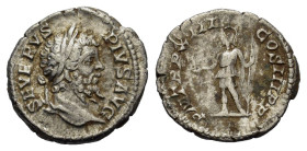Septimius Severus (193-211). AR Denarius (19mm, 2.60g). Rome, c. 201-210. Laureate head r. R/ Roma standing l., holding Victory and reversed spear. RI...