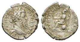 Septimius Severus (193-211). AR Denarius (20mm, 3.60g). Rome, AD 209. Laureate head r. R/ Roma seated l. on shield, holding palladium and spear. RIC I...