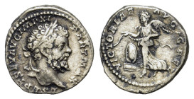 Septimius Severus (193-211). AR Denarius (17.5mm, 2.80g). Rome, 196-200. Laureate head r. R/ Victory flying l., holding wreath with both hands; shield...