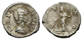Julia Domna (Augusta, 193-217). AR Denarius (18mm, 3.00g). Rome, 200-211. Draped bust r. R/ Juno standing l., holding patera and sceptre; peacock at f...