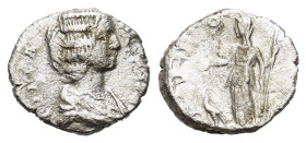 Julia Domna (Augusta, 193-217). AR Denarius (16mm, 2.30g). Rome, 200-7. Draped bust r. R/ Juno standing l., holding patera; peacock to l. RIC IV 560 (...