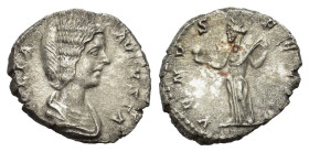Julia Domna (Augusta, 193-217). AR Denarius (18mm, 3.20g). Rome, c. 198-200. Draped bust r. R/ Venus standing l., holding apple and raising fold of dr...