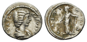 Julia Domna (Augusta, 193-217). AR Denarius (19mm, 3.00g). Laodicea, 198-202. Draped bust r. R/ Laetitia standing l., holding wreath and rudder. RIC I...