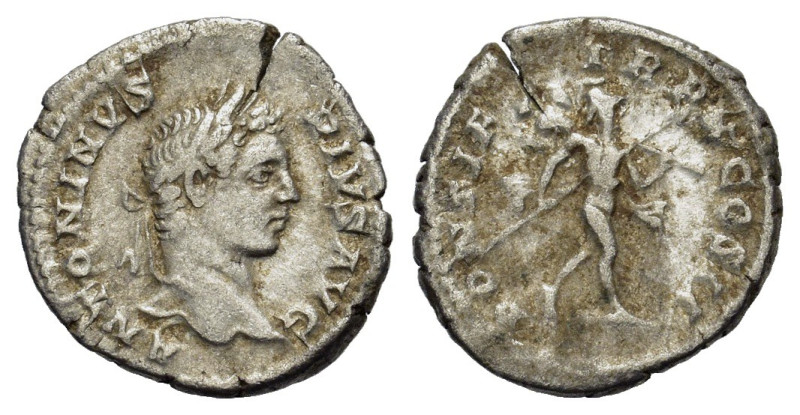 Caracalla (198-217). AR Denarius (19mm, 3.00g). Rome, AD 207. Laureate head r. R...