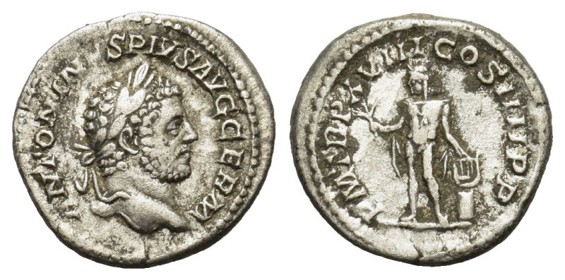 Caracalla (198-217). AR Denarius (19mm, 3.60g). Rome, AD 215. Laureate head r. R...