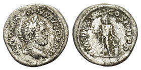 Caracalla (198-217). AR Denarius (19mm, 3.60g). Rome, AD 215. Laureate head r. R/ Apollo standing l., holding olive branch and lyre set upon altar to ...