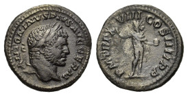 Caracalla (198-217). AR Denarius (19mm, 2.00g). Rome, AD 215. Laureate head r. R/ Sol standing front, head l., raising hand and holding globe. RIC IV ...