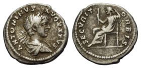 Caracalla (198-217). AR Denarius (19mm, 3.30g). Laodicea, 200-1. Laureate, draped and cuirassed bust r. R/ Securitas seated l., holding sceptre in r. ...
