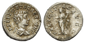 Geta (Caesar, 198-209). AR Denarius (19mm, 3.30g). Rome. Laureate and draped bust r., seen from behind. R/ Felicitas standing l., holding caduceus and...